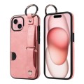 For iPhone 15 Plus Calf Texture Wrist Card Slot Ring Phone Case(Pink)