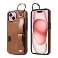 For iPhone 15 Plus Calf Texture Wrist Card Slot Ring Phone Case(Brown)