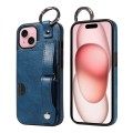 For iPhone 15 Plus Calf Texture Wrist Card Slot Ring Phone Case(Blue)