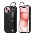 For iPhone 15 Calf Texture Wrist Card Slot Ring Phone Case(Black)