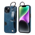 For iPhone 14 Plus Calf Texture Wrist Card Slot Ring Phone Case(Blue)