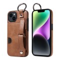 For iPhone 14 Calf Texture Wrist Card Slot Ring Phone Case(Brown)