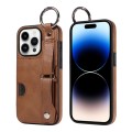 For iPhone 14 Pro Max Calf Texture Wrist Card Slot Ring Phone Case(Brown)