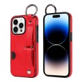For iPhone 14 Pro Max Calf Texture Wrist Card Slot Ring Phone Case(Red)
