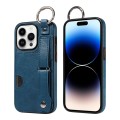 For iPhone 14 Pro Max Calf Texture Wrist Card Slot Ring Phone Case(Blue)