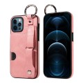 For iPhone 12 / 12 Pro Calf Texture Wrist Card Slot Ring Phone Case(Pink)