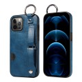 For iPhone 12 Pro Max Calf Texture Wrist Card Slot Ring Phone Case(Blue)