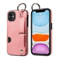 For iPhone 11 Calf Texture Wrist Card Slot Ring Phone Case(Pink)