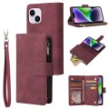 For iPhone 15 Multifunctional Multi-Card Wallet Phone Leather Case(Wine Red)
