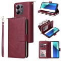 For Xiaomi Redmi Note 13 4G 9 Card Slots Zipper Wallet Bag Leather Phone Case(Wine Red)