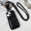 For iPhone 13 Metallic Paint Skin Feel Full Coverage Shockproof Phone Case with Card Bag + Lanyard(B