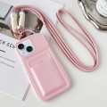 For iPhone 15 Metallic Paint Skin Feel Full Coverage Shockproof Phone Case with Card Bag + Lanyard(P