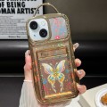 For iPhone 15 Plus Electroplated Card Slot Laser Butterfly Cardboard TPU Phone Case(Gold)