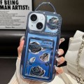 For iPhone 15 Electroplated Card Slot Laser Rose Cardboard TPU Phone Case(Blue)
