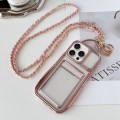 For iPhone 15 Pro Electroplated Clear Card Slot TPU Phone Case with Crossbody Chain(Pink)