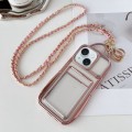 For iPhone 15 Electroplated Clear Card Slot TPU Phone Case with Crossbody Chain(Pink)