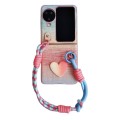 For OPPO Find N3 Flip Illusory Color Leather Texture PC Phone Case with Color Strap(Pink)