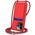 For iPhone 15 Pro Max Integrated Card Bag Solid Color Liquid Silicone Phone Case with Lanyard(Red)