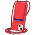 For iPhone 15 Plus Integrated Card Bag Solid Color Liquid Silicone Phone Case with Lanyard(Red)