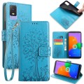 For TCL 403 Tree & Deer Embossed Leather Phone Case(Blue)