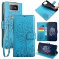 For Asus Zenfone 8 Flip Tree & Deer Embossed Leather Phone Case(Blue)