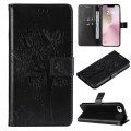 For iPhone SE 2024 Tree & Cat Embossed Pattern Flip Leather Phone Case(Black)