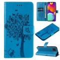 For Samsung Galaxy M62 / F62 Tree & Cat Embossed Pattern Flip Leather Phone Case(Blue)