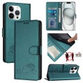 For iPhone 13 Pro Cat Rat Embossed Pattern RFID Leather Phone Case with Lanyard(Peacock Green)