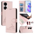 For Huawei P50 Cat Rat Embossed Pattern RFID Leather Phone Case with Lanyard(Pink)