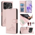 For Tecno Pova 6 Pro li9 Cat Rat Embossed Pattern RFID Leather Phone Case with Lanyard(Pink)