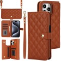 For iPhone 15 Pro Max Crossbody Multifunction Rhombic Leather Phone Case(Brown)