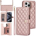For iPhone 15 Pro Crossbody Multifunction Rhombic Leather Phone Case(Rose Gold)