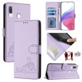 For Samsung Galaxy A40 Cat Rat Embossed Pattern RFID Leather Phone Case with Lanyard(Purple)