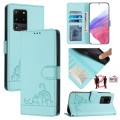 For Samsung Galaxy S20 Ultra Cat Rat Embossed Pattern RFID Leather Phone Case with Lanyard(Mint Gree