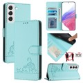 For Samsung Galaxy S22 5G Cat Rat Embossed Pattern RFID Leather Phone Case with Lanyard(Mint Green)