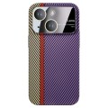 For iPhone 15 Large Window Carbon Fiber Shockproof Phone Case(Green Purple)