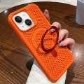 For iPhone 15 Plus Hollow Cooling Magsafe Phone Case with Holder(Orange)