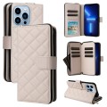 For iPhone 13 Pro Max Crossbody Rhombic Zipper Tower Buckle Leather Phone Case with Lanyard(Beige)