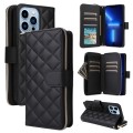 For iPhone 13 Pro Max Crossbody Rhombic Zipper Tower Buckle Leather Phone Case with Lanyard(Black)