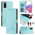 For Samsung Galaxy S20 FE 2022 Cat Rat Embossed Pattern RFID PU Phone Case with Wrist Strap(Mint Gre