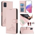 For Samsung Galaxy A51 5G Cat Rat Embossed Pattern RFID PU Phone Case with Wrist Strap(Pink)