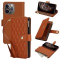 For iPhone 11 Pro Max YM016 Rhombic Zipper Card Wallet Leather Phone Case with Lanyard(Brown)