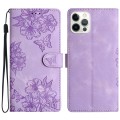 For iPhone 15 Pro Max Cherry Blossom Butterfly Skin Feel Embossed PU Phone Case(Purple)