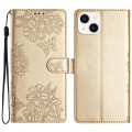 For iPhone 13 Cherry Blossom Butterfly Skin Feel Embossed PU Phone Case(Gold)
