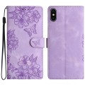 For iPhone XS Max Cherry Blossom Butterfly Skin Feel Embossed PU Phone Case(Purple)