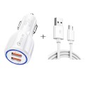 Qc3.0 Dual USB Car Charger + Micro USB Fast Charging Cable Car Charging Kit(White)