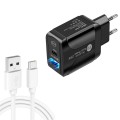 PD25W USB-C / Type-C + QC3.0 USB Dual Ports Fast Charger with USB to Type-C Data Cable, EU Plug(Blac