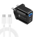 PD25W USB-C / Type-C + QC3.0 USB Dual Ports Fast Charger with USB-C to USB-C Data Cable, UK Plug(Bla