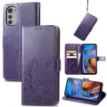 For Motorola Moto E32 Four-leaf Clasp Embossed Buckle Leather Phone Case(Purple)
