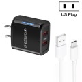 36W Dual Port QC3.0 USB Charger with 3A USB to Type-C Data Cable, US Plug(Black)